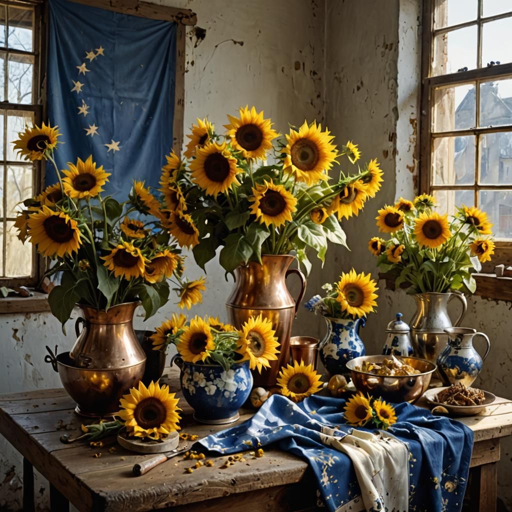 Sunflowers and Delft Blue Flowers, Hyperreal Painting