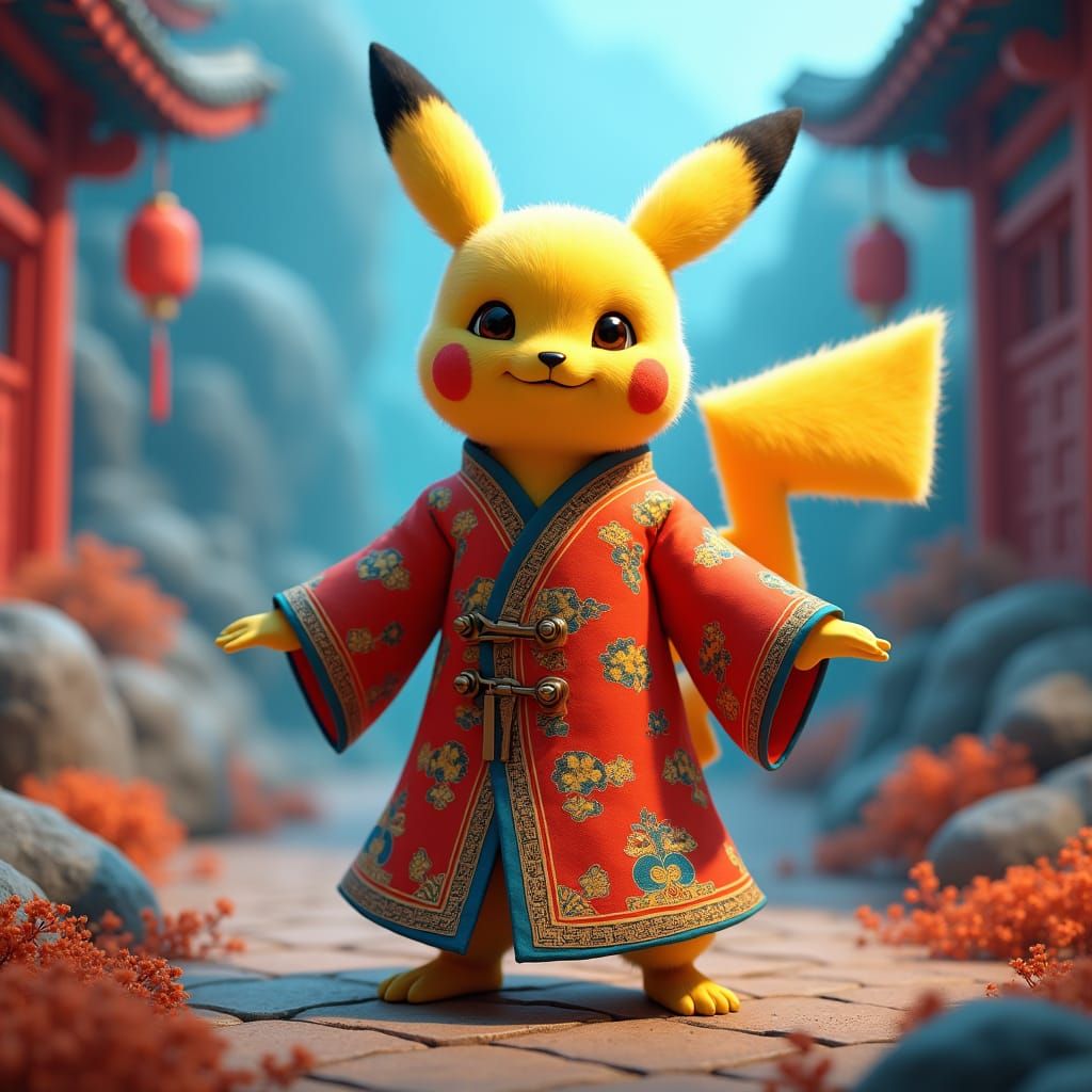 Pikachu as Kung Fu Master in Dreamlike Landscape