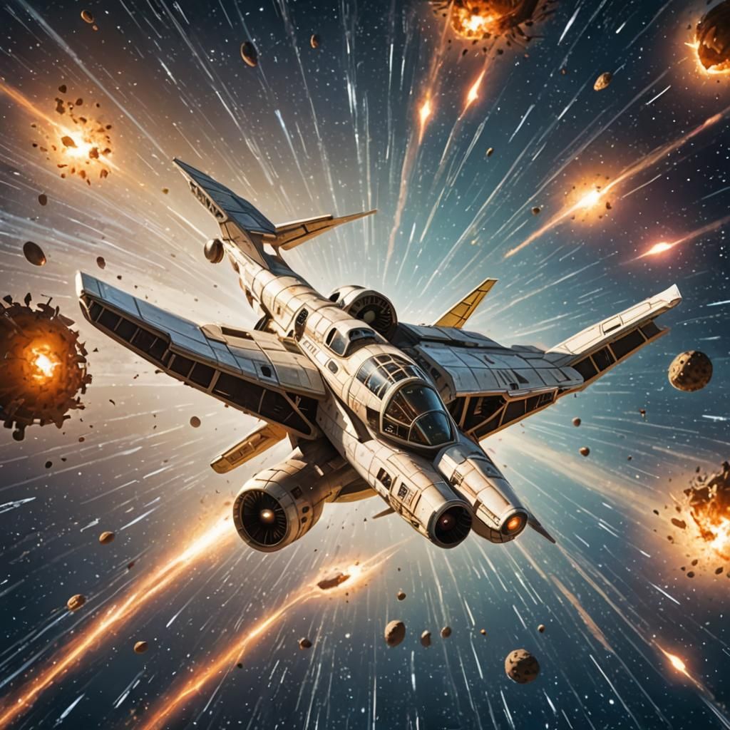 Starship Soaring Through Hyperspace Warp Jump