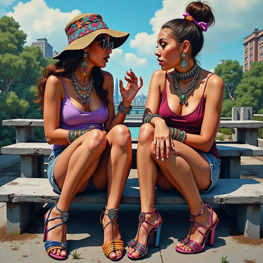 Vibrant Women in Urban Scene: Graffiti Art Style