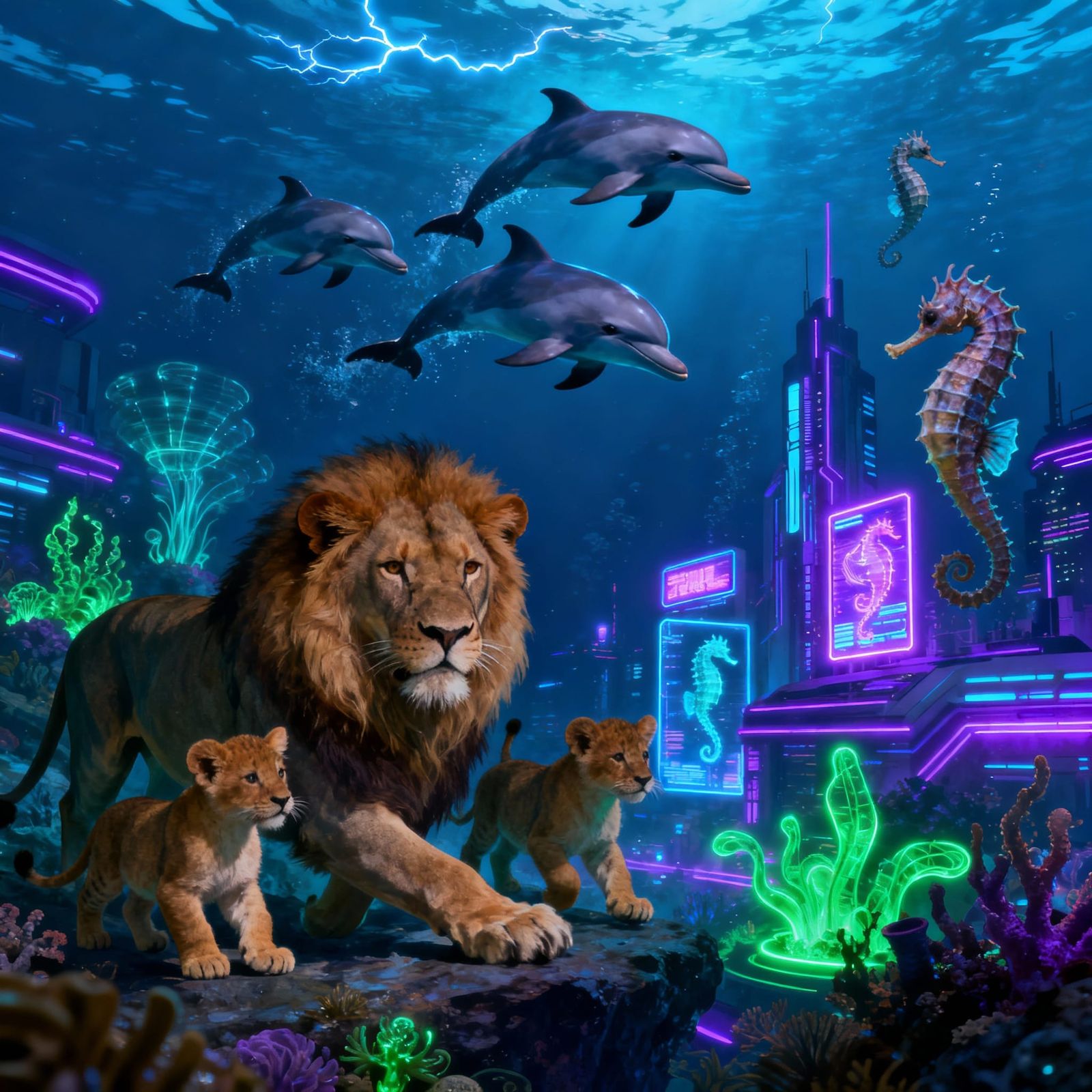 Underwater Neon City with Lions, Dolphins, and Seahorses