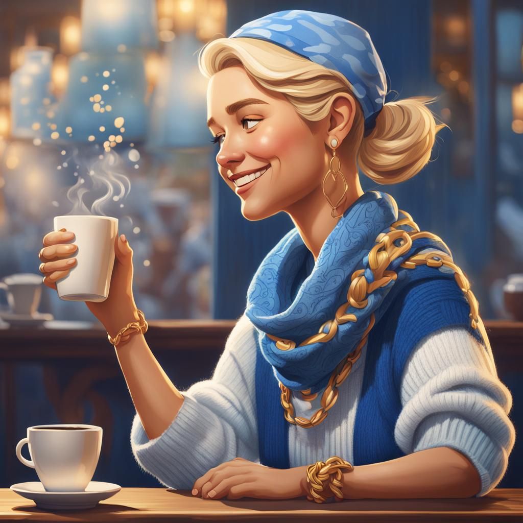 Cartoon Woman with Coffee in Pastel Colors