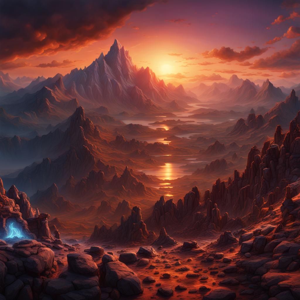 Mountain Sunset in Detailed Matte Painting Style