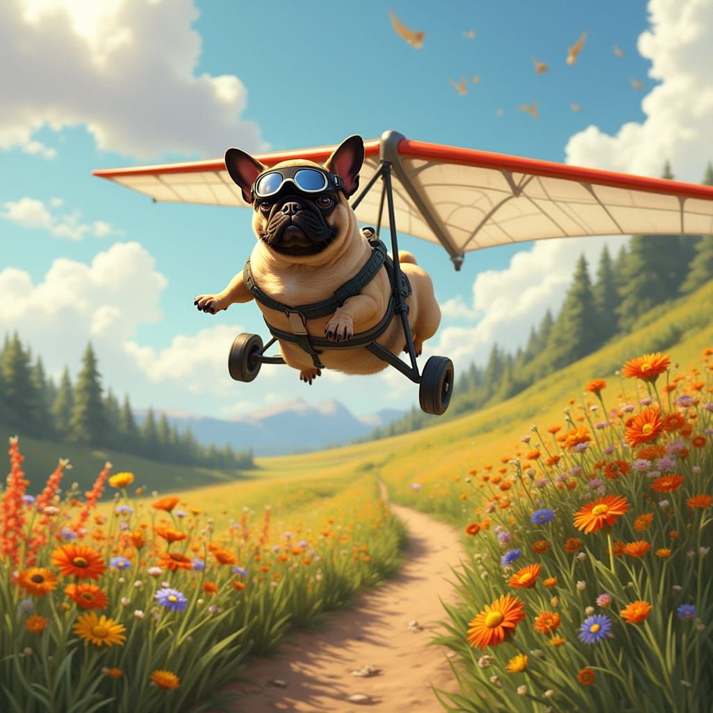 Pug Hang Glider Soars Over Vibrant Wildflower Meadow
