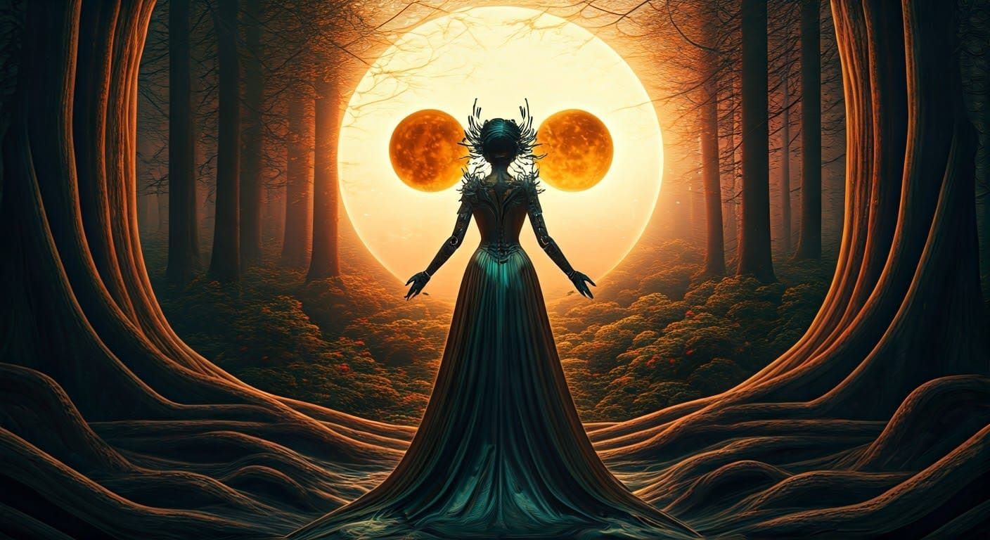 Surreal Woman Embodies Cosmic Harmony in Mycelium Oasis