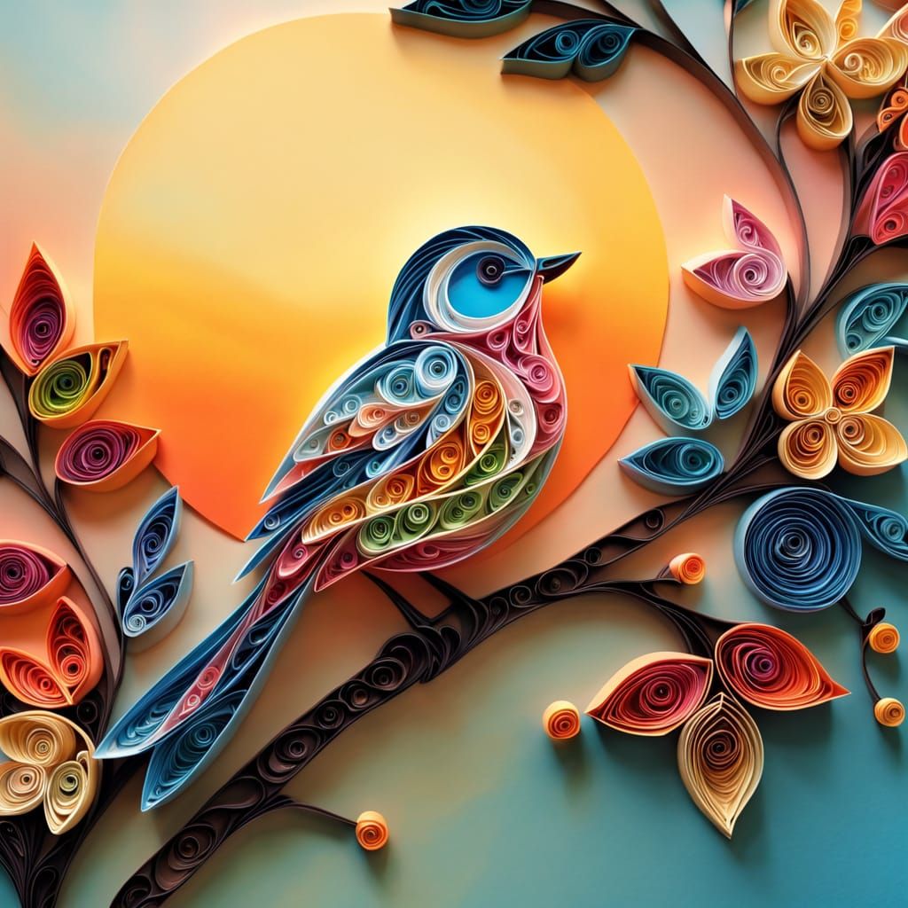 Vibrant Quilling Artwork of a Bird Against a Golden Sunrise