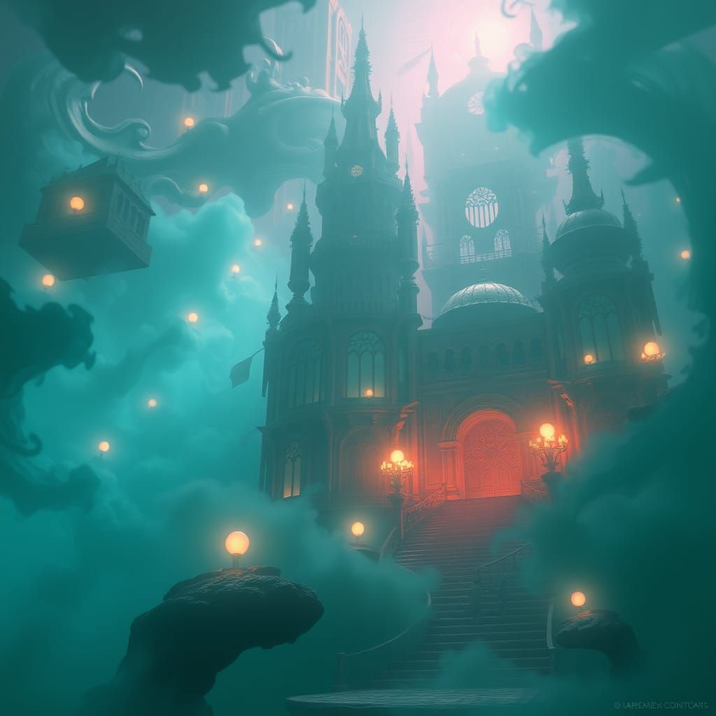 Ethereal Teal Mist in Mystical Realm: Digital Matte Painting