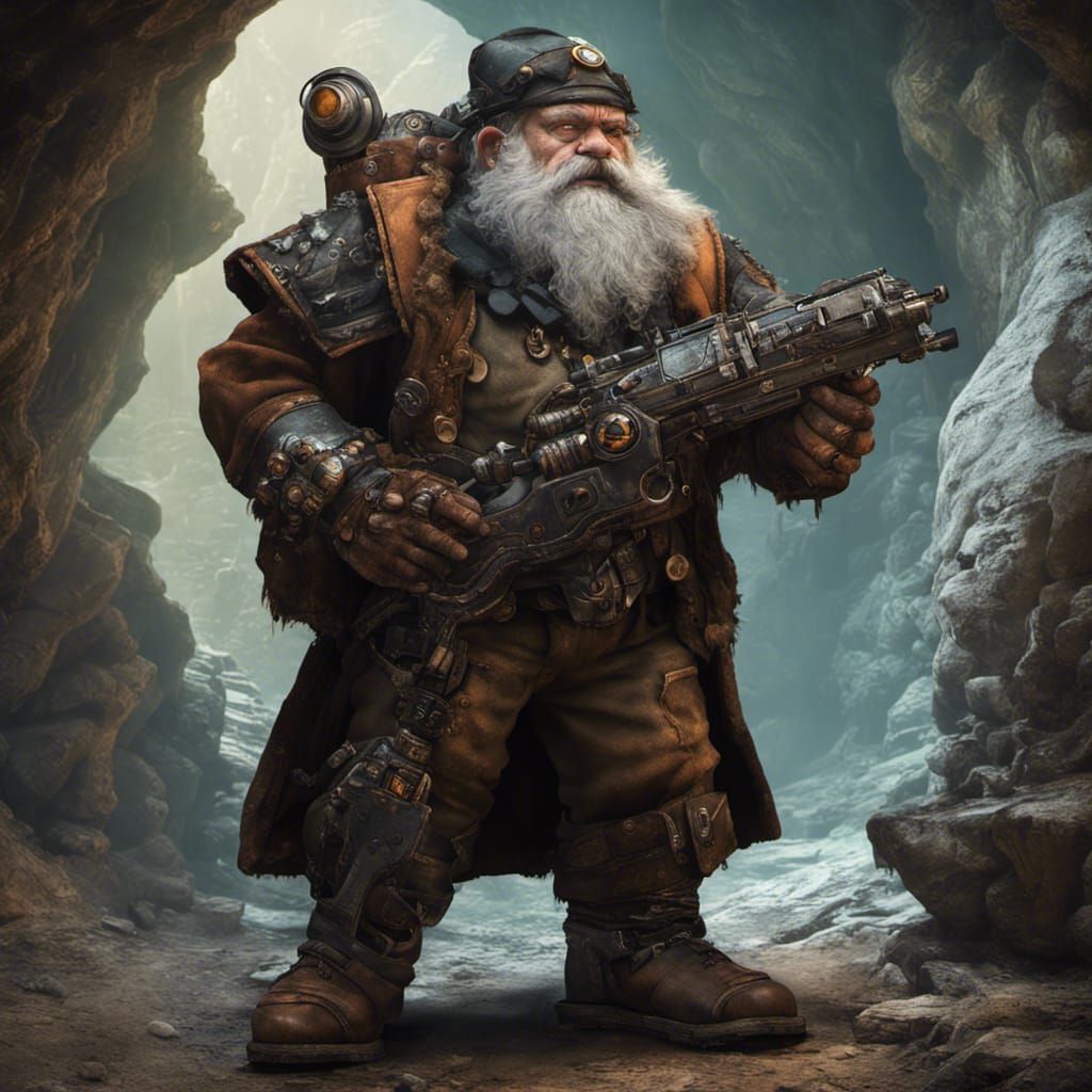 Steampunk Dwarf in Cave with Gun, Matte Painting