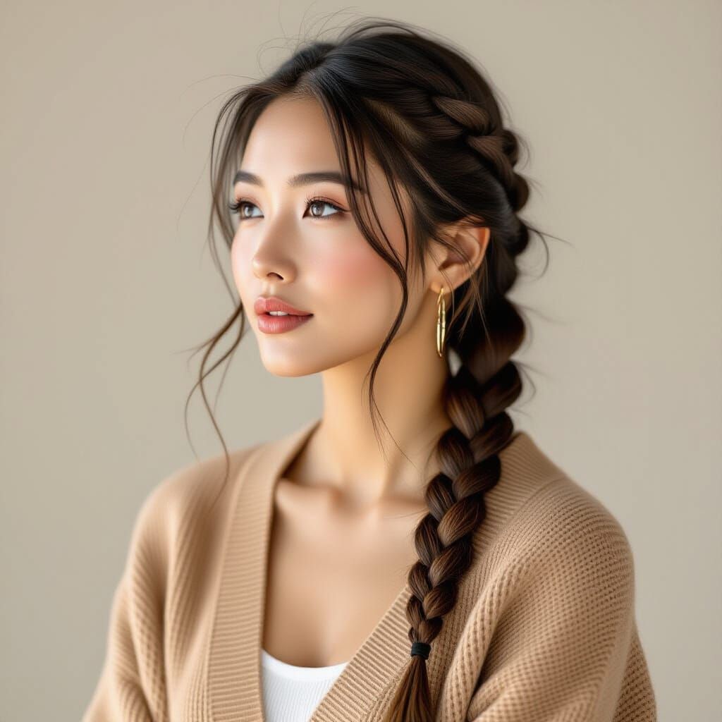 Young Asian Woman Close Up in Tan Cardigan and Jeans