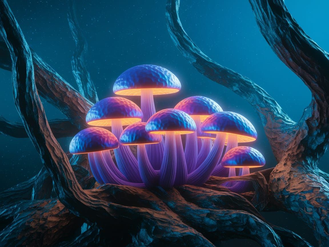 Vibrant Purple Mushrooms in a Surreal Forest