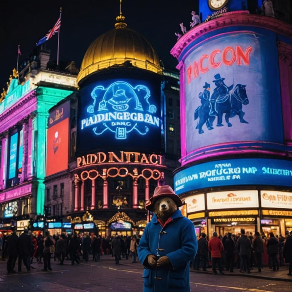 Paddington Bear in Neon Lit Piccadilly Circus