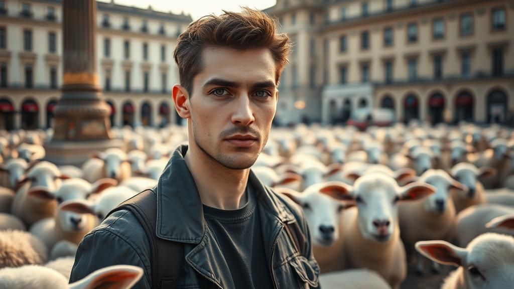 Fashion Model with Sheep in Place Vendome, Paris