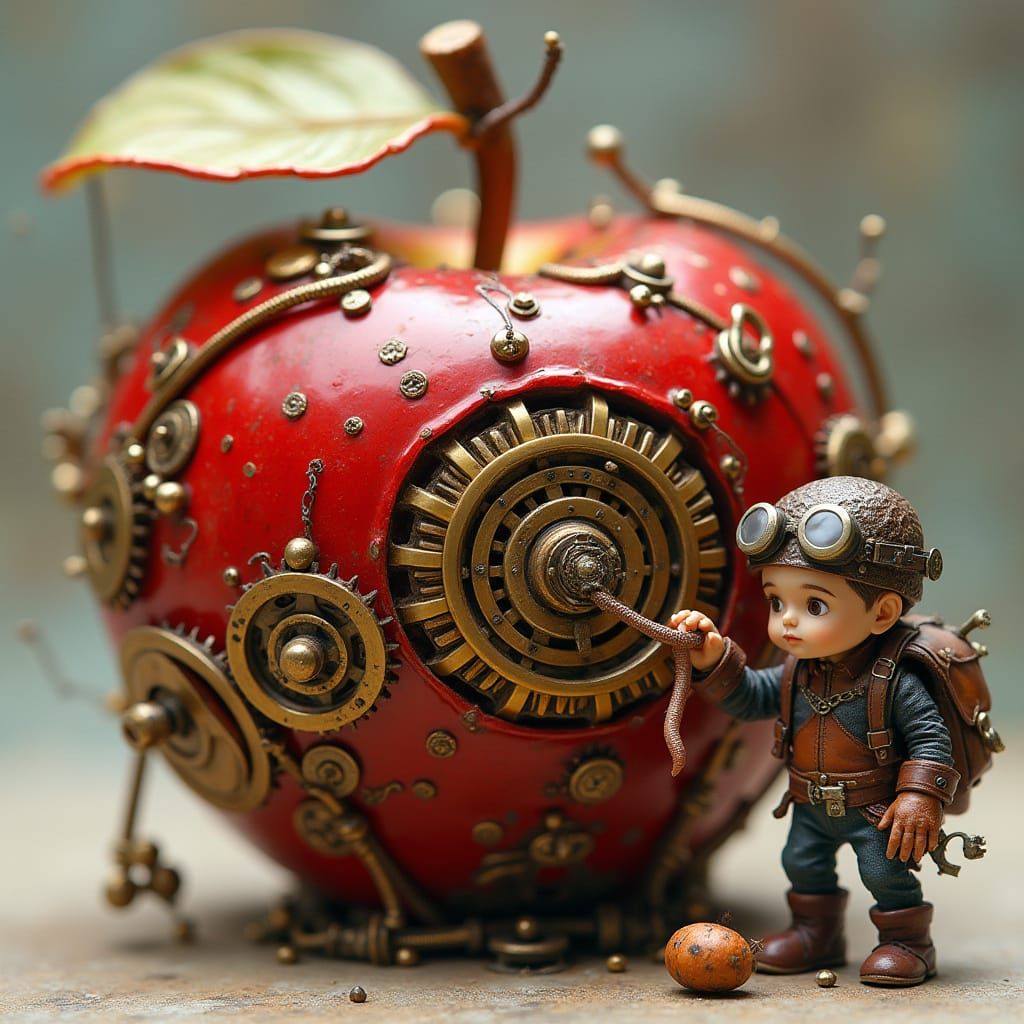 Steampunk Apple: Boy Extracting Worm, Sci-Fi Art