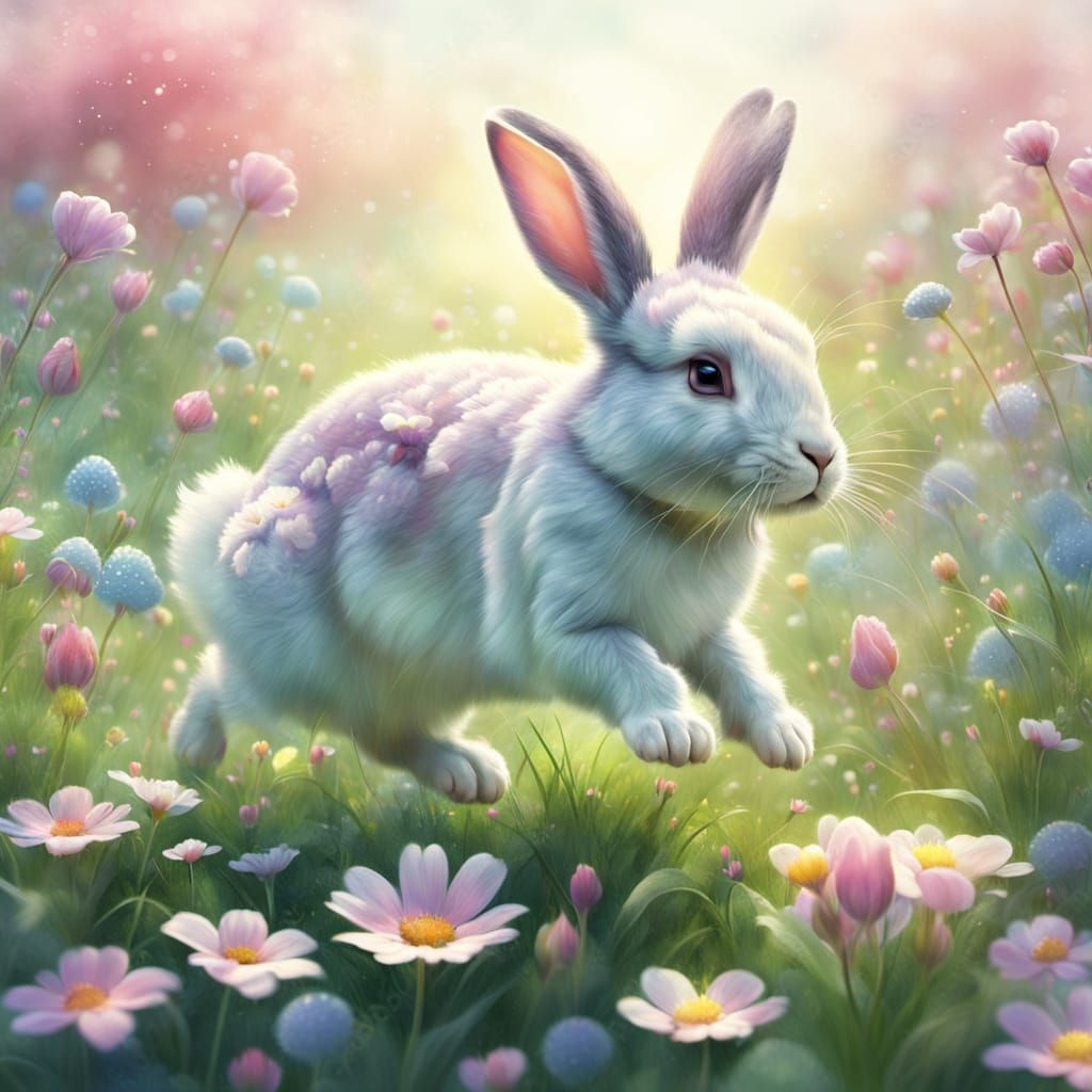 Rabbit Leaping Through Magical Flower Meadow: Vibrant Concep...
