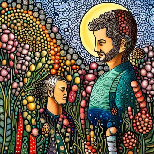 Father and Son in Fantasy Garden: Digital Art