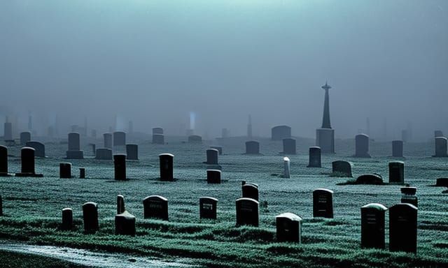Graveyard Tombstones in Heavy Rain at Night