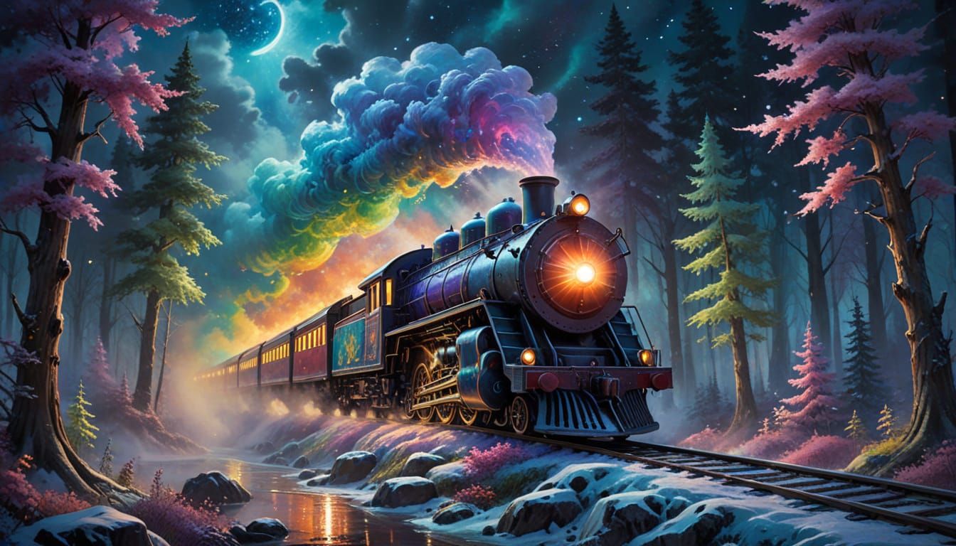 Fantasy Train Glides Through Frozen Forest at Night