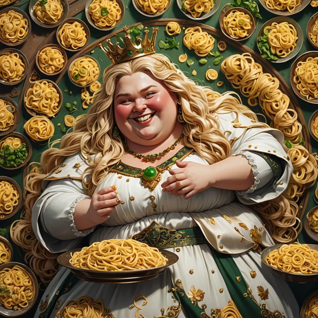 Obese Queen with Pasta: Detailed Matte Painting