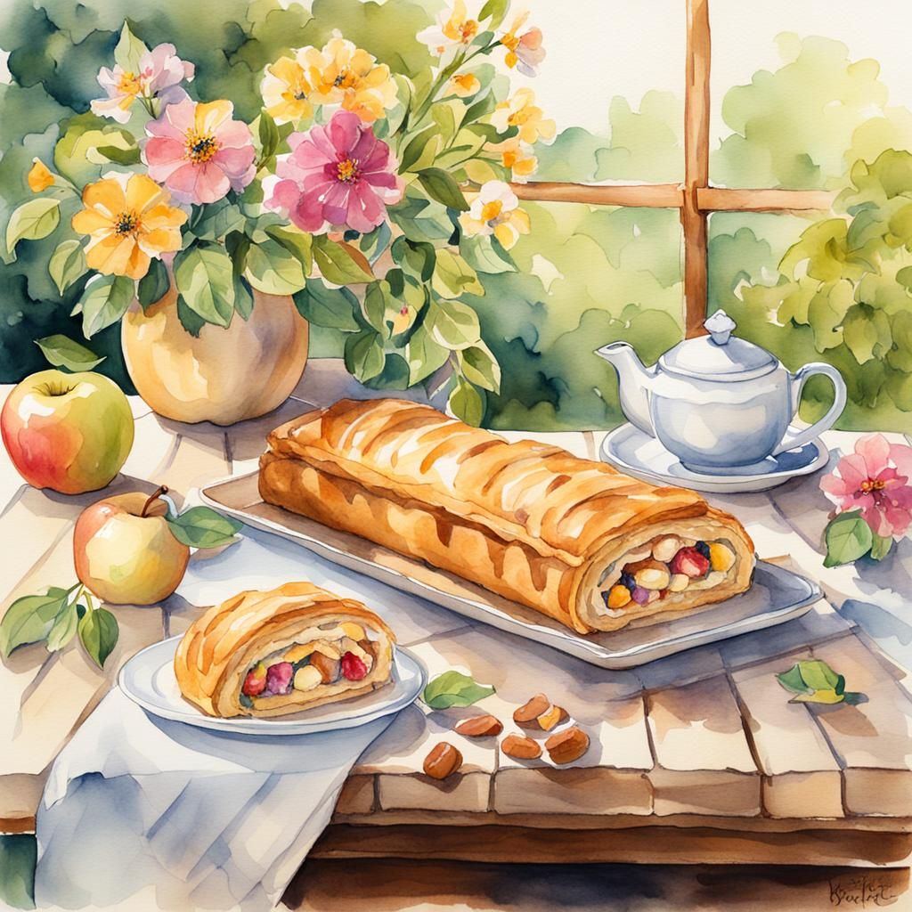 Watercolor Whimsy: Golden Apple Strudel in a Serene Garden