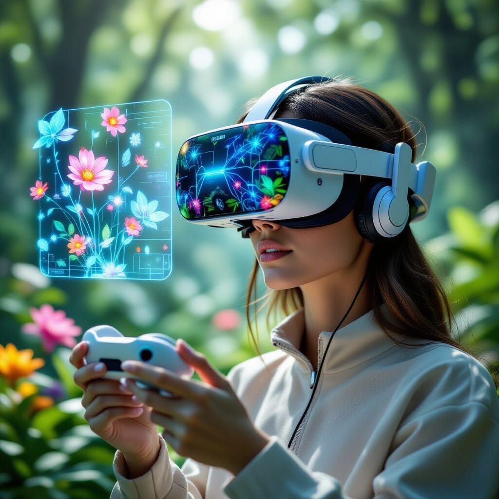 Person in VR Overlooking Digital Forest