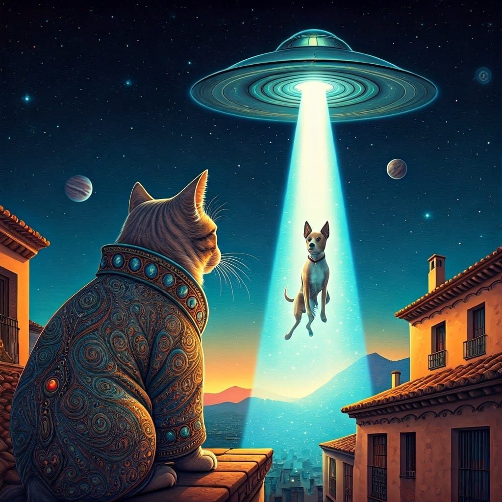 Cat Watching Dog Abduction in Astral Cosmic Illustration
