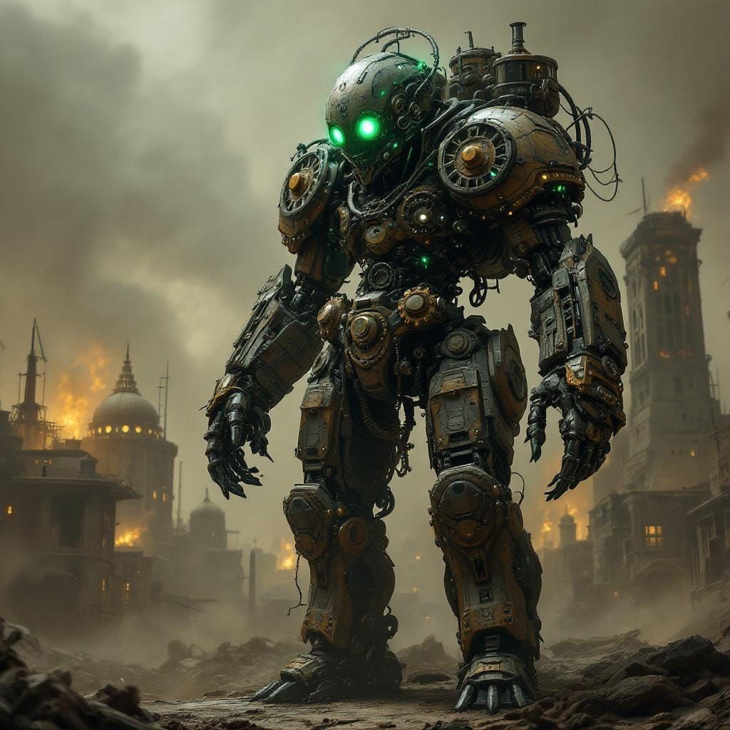 Voodoopunk Automaton Warrior in Post-Apocalyptic Cityscape