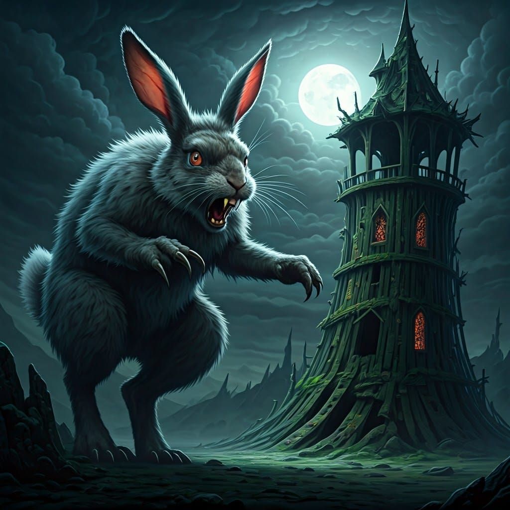 Giant Rabbit Attacks Wizard Tower: Dreamlike Illustration