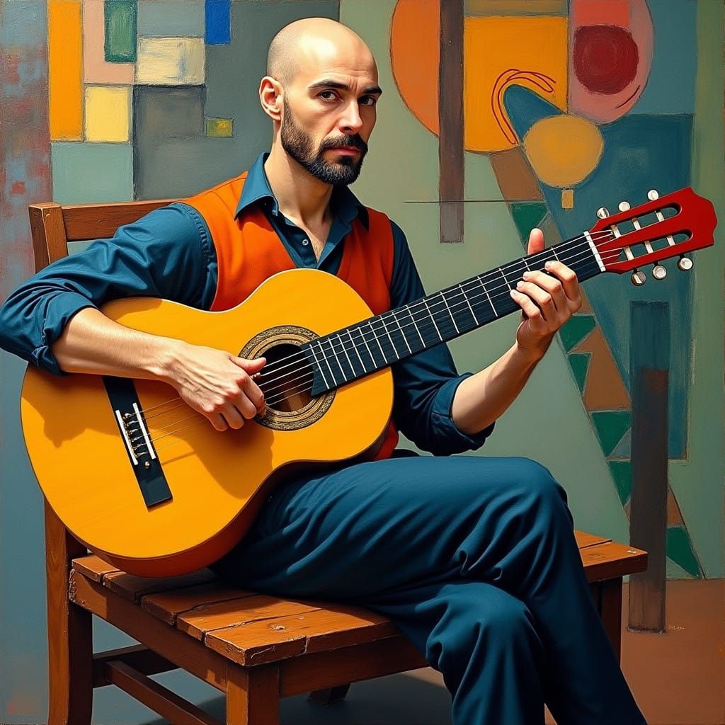 Classical Guitarist in Vibrant Cubist Style