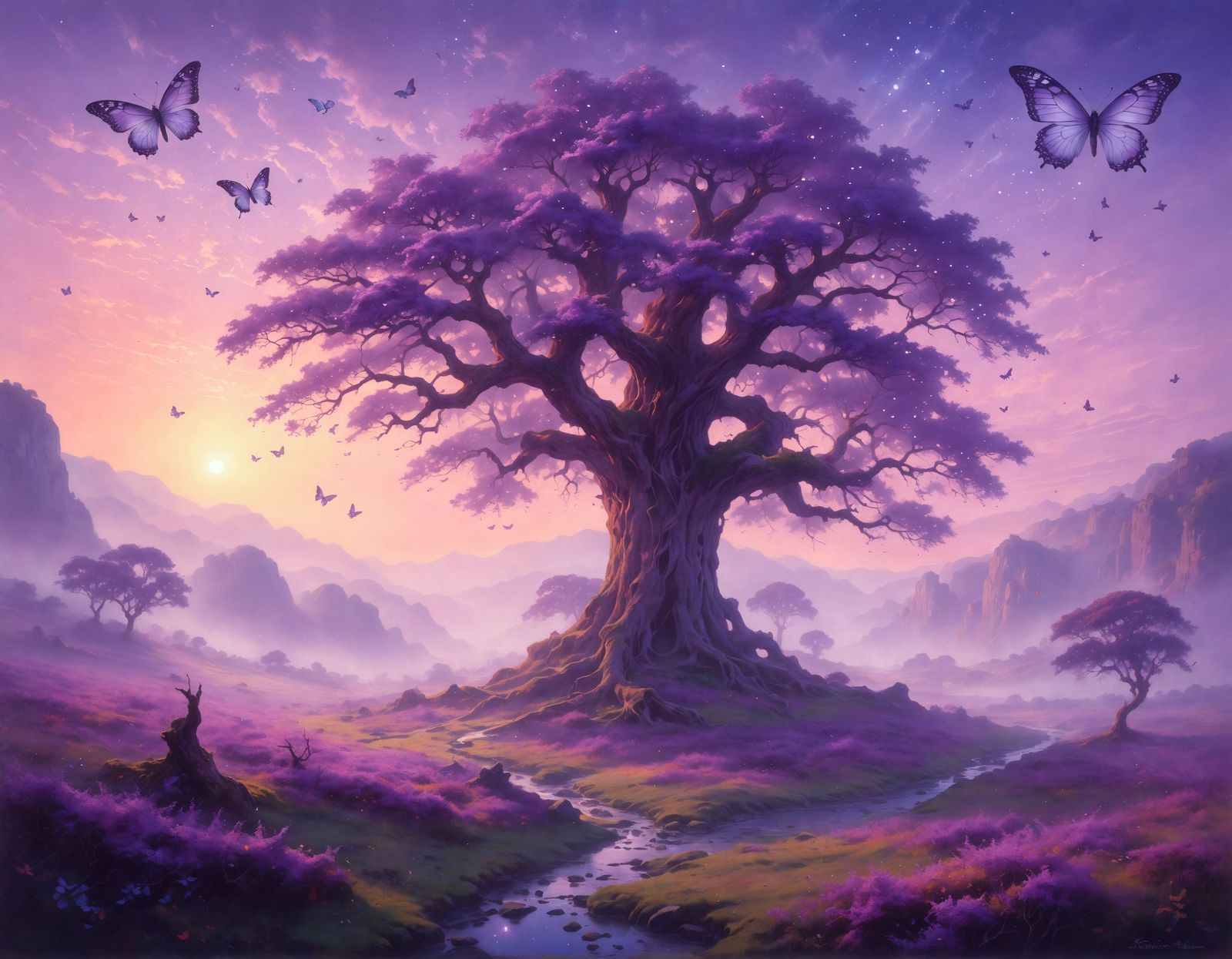 Ethereal Twilight Dreamscape with Glowing Tree and Butterfli...