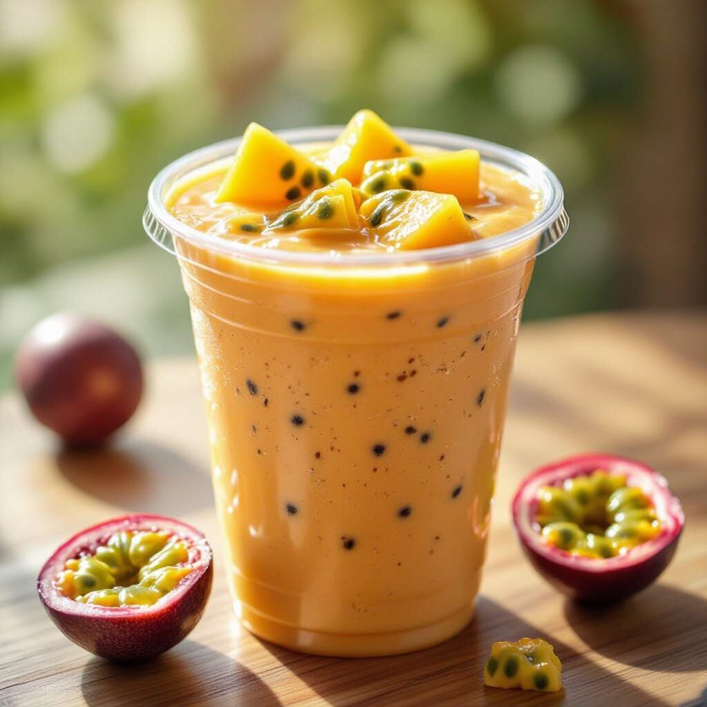 Vibrant Passion Fruit Smoothie in Clear Cup, Photorealistic