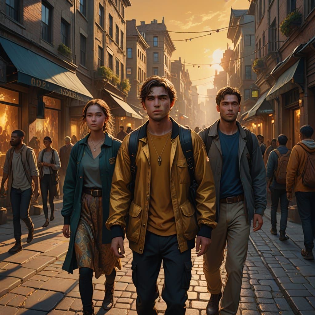 Vibrant Fantasy City Life in Warm Oil Painting