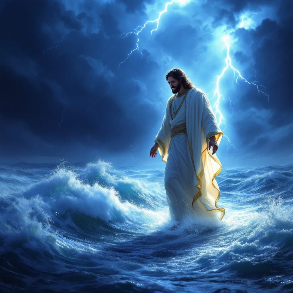Jesus Walks on Water Amidst Stormy Sea