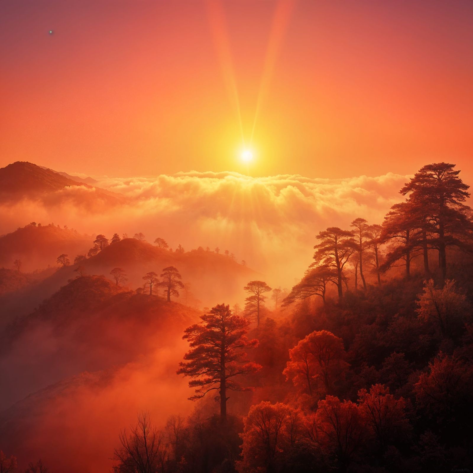 Golden Hills Emerging from Sea Fog at Sunrise