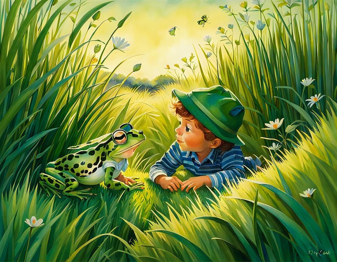 Boy and Frog Chat in Shimmering Light, Illustration