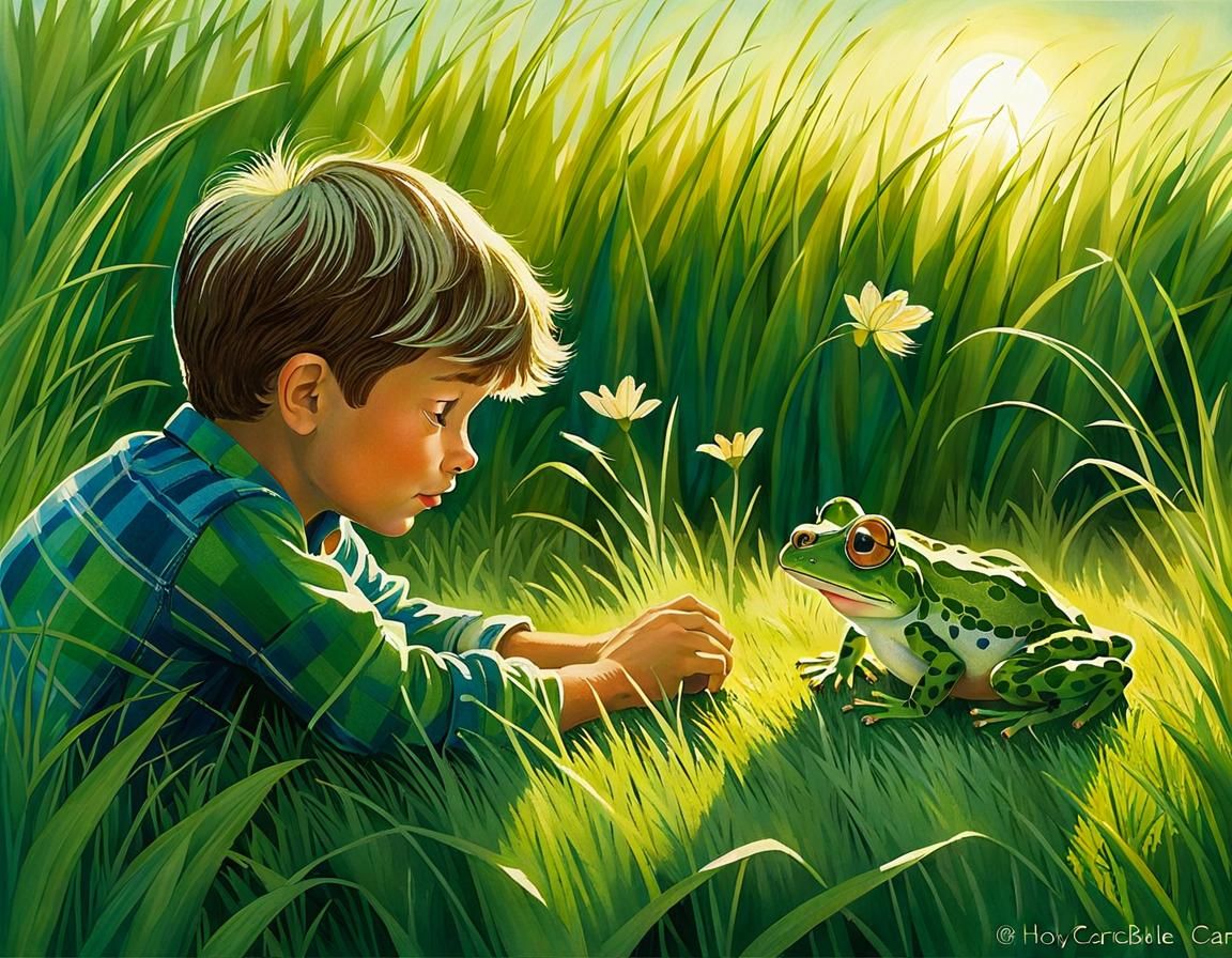 Boy and Frog in Shimmering Light, Illustrated Art