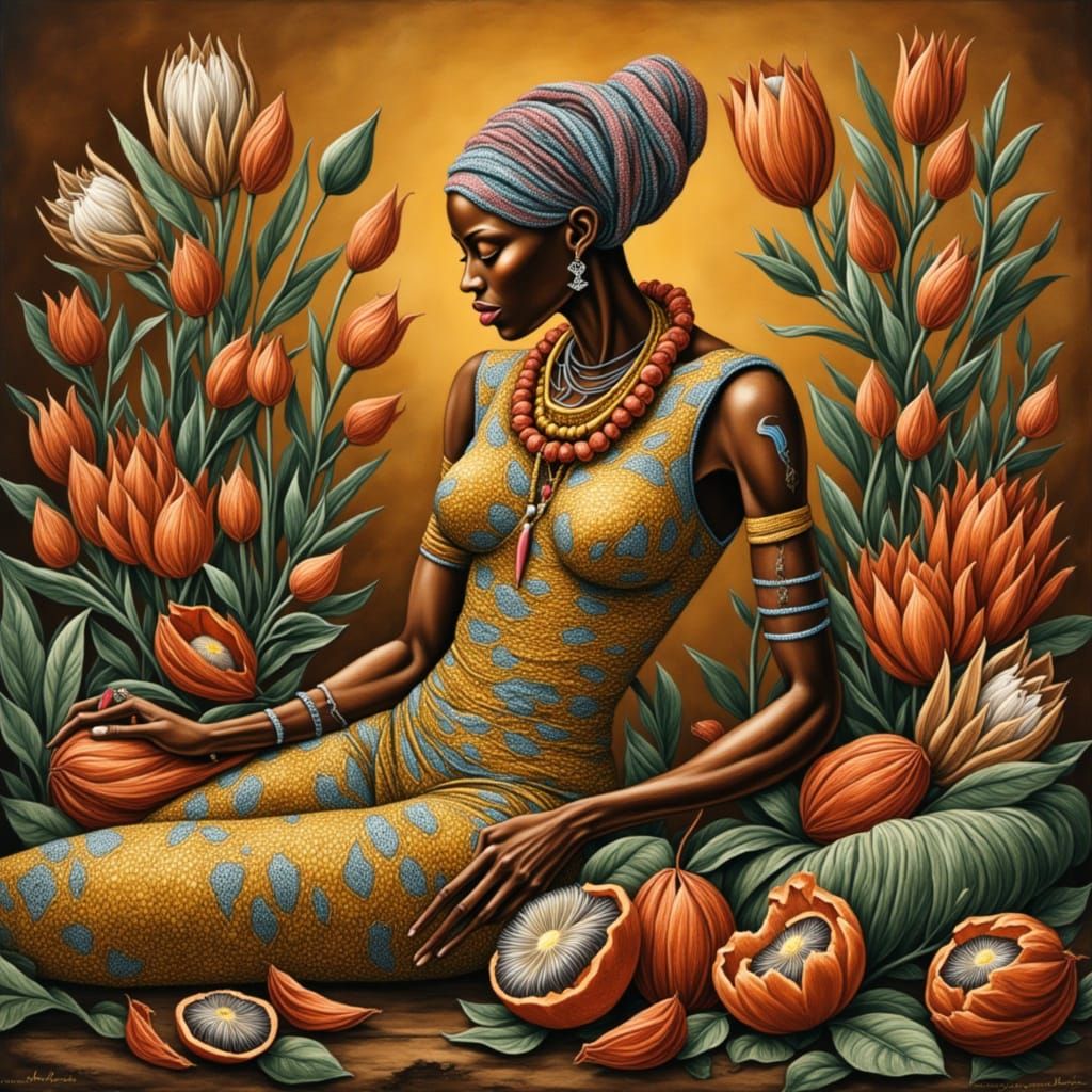 Ethereal Goddess Among Vibrant Blooms and Exotic Fruits