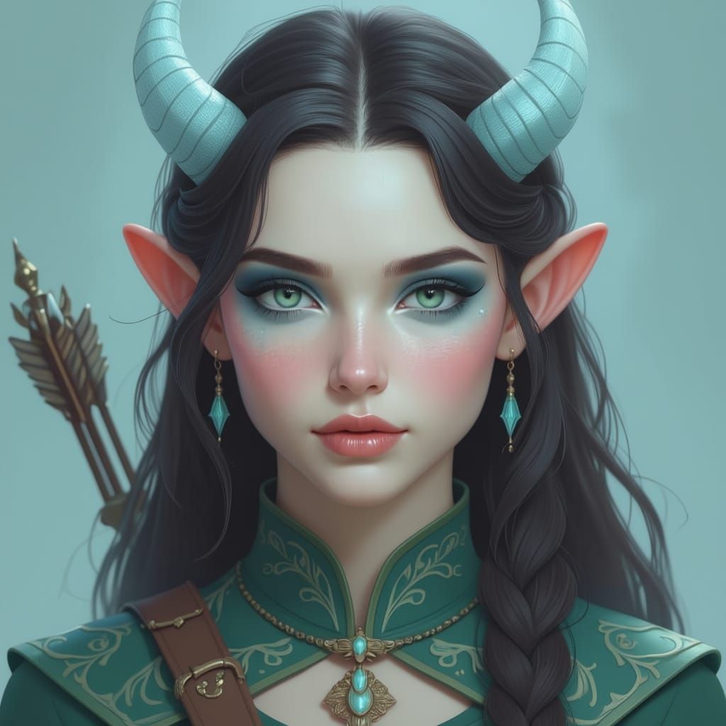 Fantasy Woman Portrait with Pale Blue Shimmer and Horns