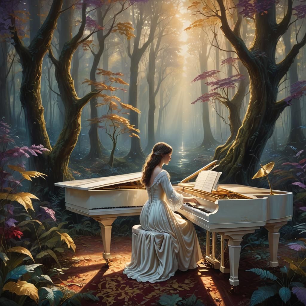 Woman Plays Piano in Mystical Forest: Fantasy Art