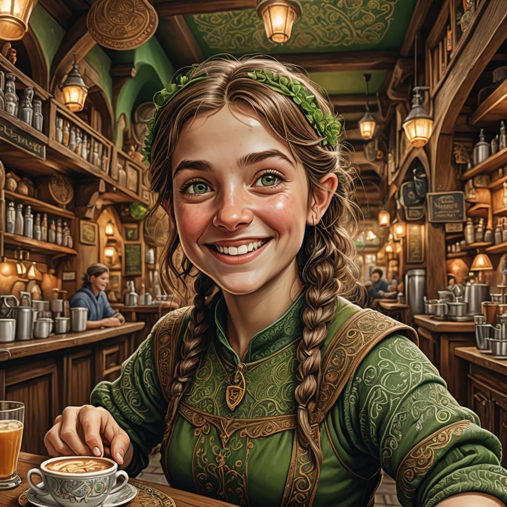 Joyful Halfling in Medieval Cafe: 3D Art Illustration