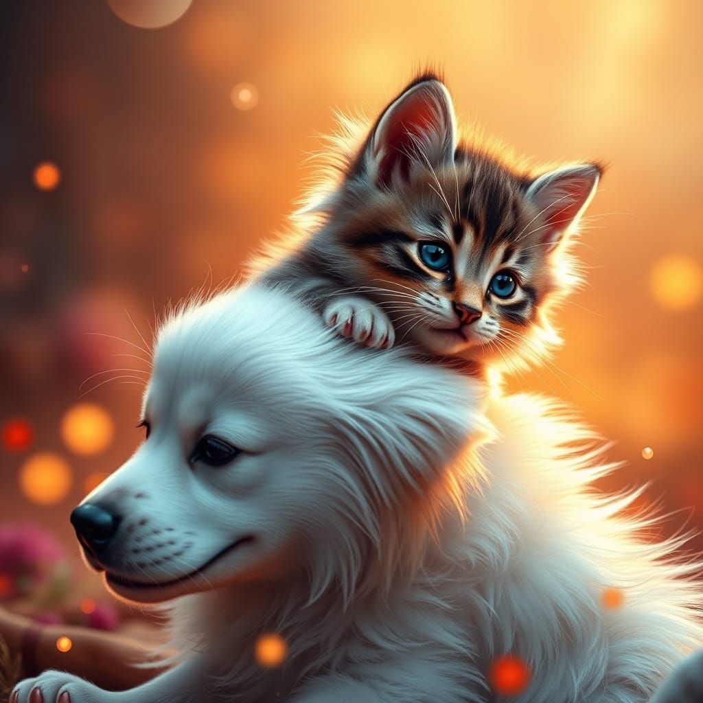 Surreal Scene of Kitten and Puppy Friendship in a Fantastica...