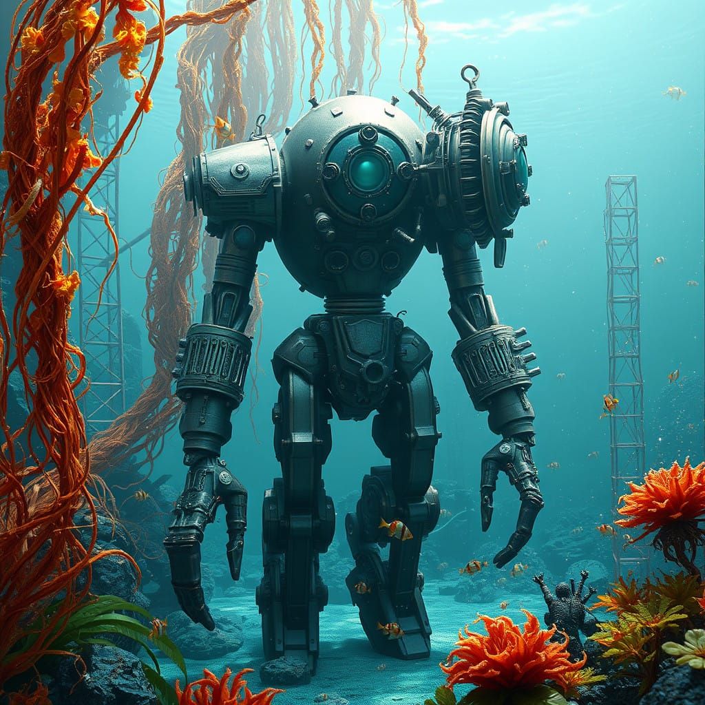 Steampunk Robot on Ocean Floor in Deep Sea Fantasy