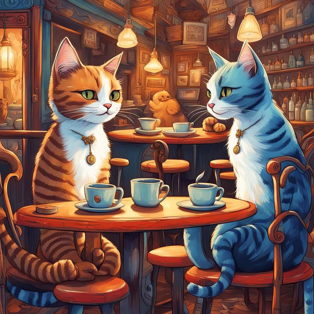 Whimsical Toon Cats in a Happy Atmospheric Scene