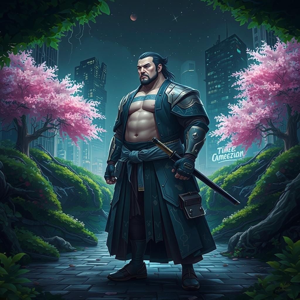 Cyberpunk Street Samurai in Bioluminescent Garden