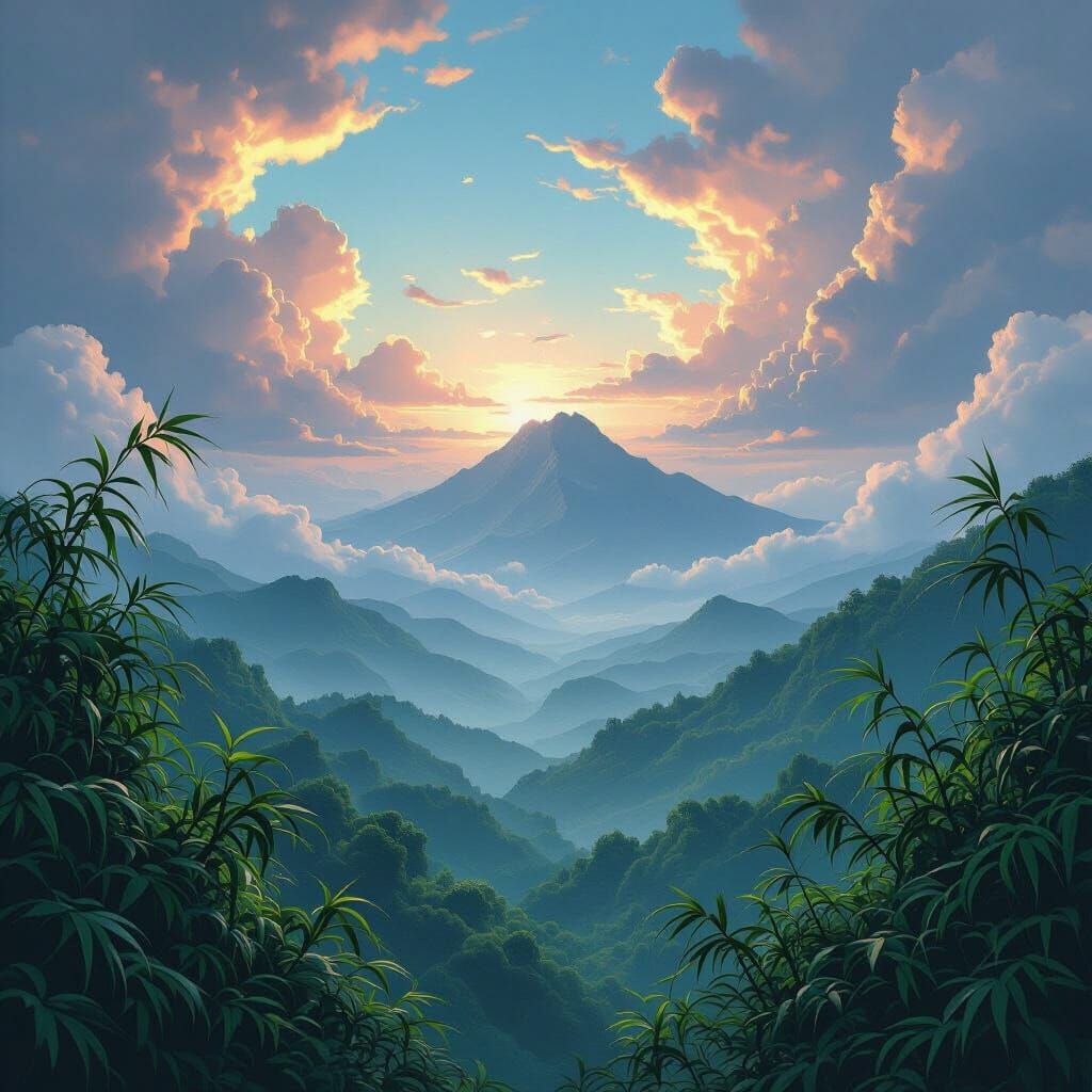 Mountain Horizon with Bamboo Forest Matte Painting