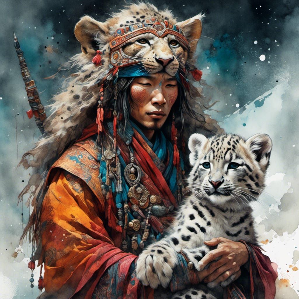 Tibetan Shaman and Snow Leopard