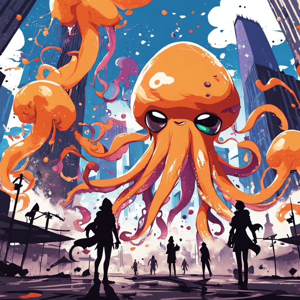 Vibrant City Battle in Splatoon Style