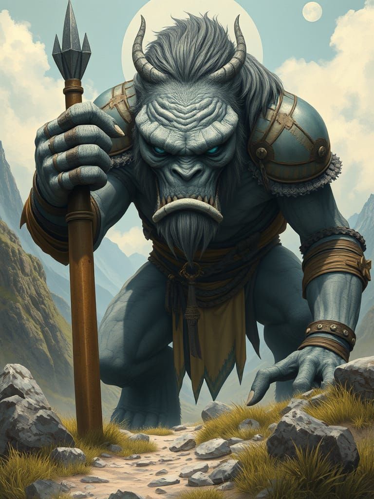 Giant Cyclops in Arid Landscape: Dark Fantasy Style