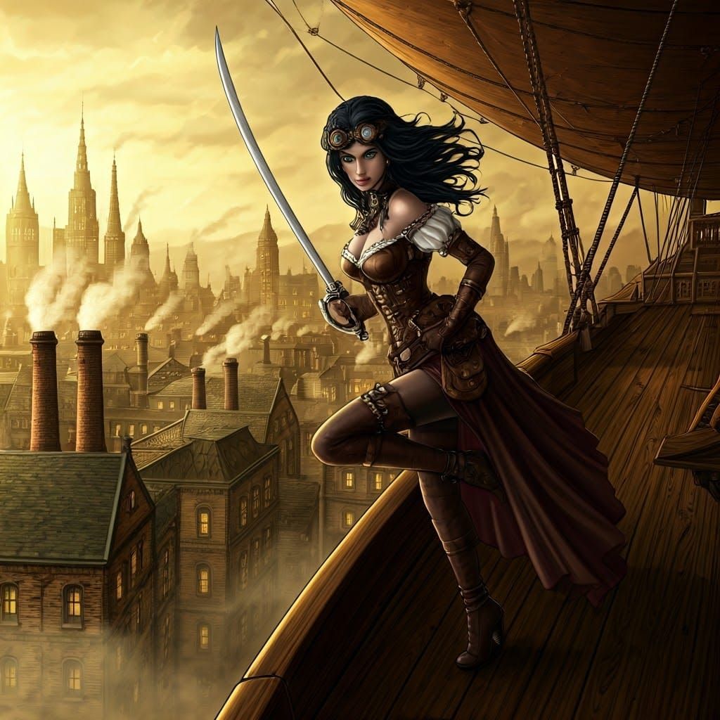 Steampunk Adventuress on Airship Over Metropolis