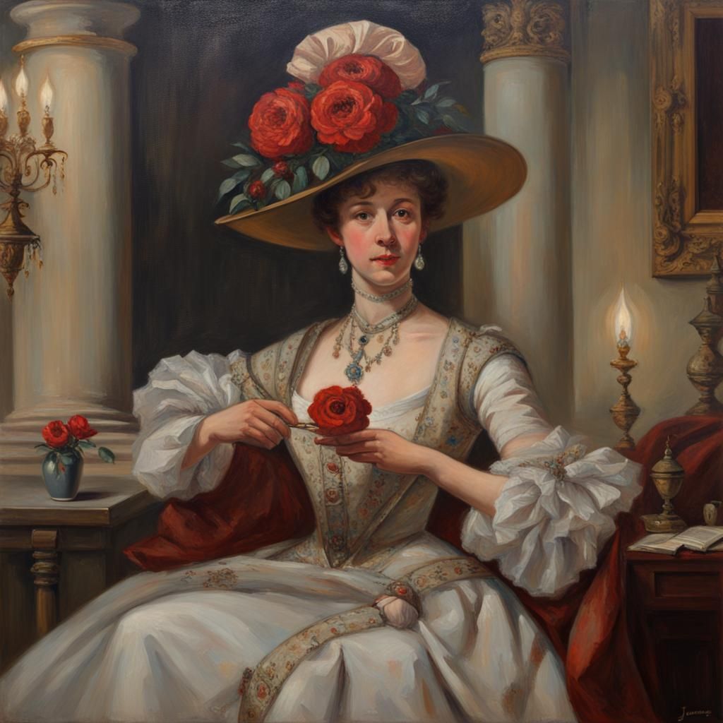Elegant Lady with Rose: An Oil Painting