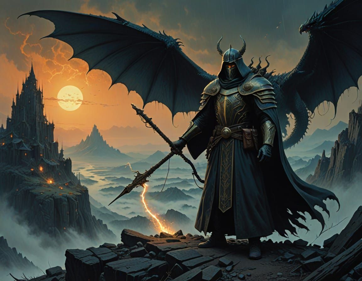 Epic Wizard Battles Fierce Dragon in Stormy Fantasy Landscap...